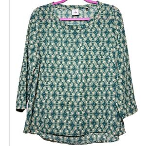 Cabi Teal & Cream Leaf Print Blouse top, 3/4 sleeve -‎ size M - NWOT